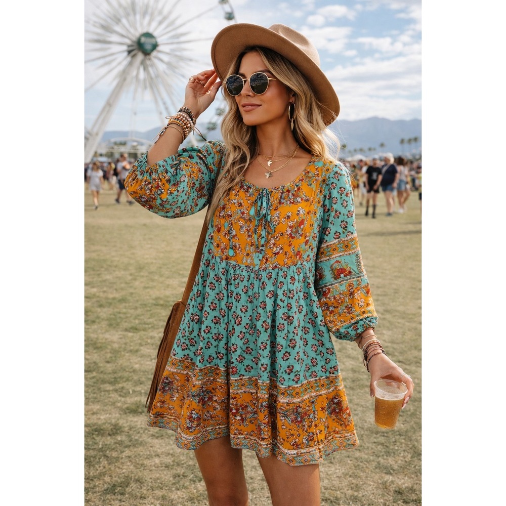 Boho Floral Mini Dress in Teal & Mustard